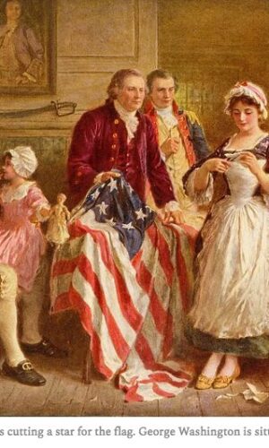 Betsy Ross cutting a star for the flag. George Washington is sitting down.