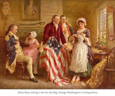 Betsy Ross cutting a star for the flag. George Washington is sitting down.